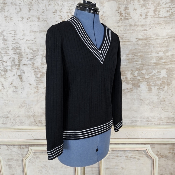 Vintage 1970s 1960s Black Pullover Striped Top S Academia Butte Knit Beatnick - Picture 5 of 7